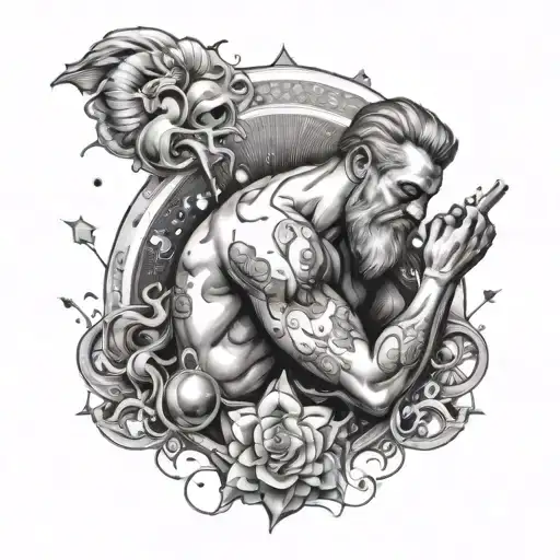 Create a tattoo design featuring your dad as a celestial Aquarius figure surrounded by elements of his hustler lifestyle tattoo design idea