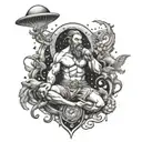 Create a tattoo design featuring your dad as a celestial Aquarius figure surrounded by elements of his hustler lifestyle tattoo design idea