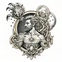 Create a tattoo design featuring your dad as a celestial Aquarius figure surrounded by elements of his hustler lifestyle tattoo design idea