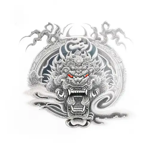 tattoo sleeve of Raijin and Fūjin, foo dog with oni  tattoo design idea