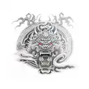 tattoo sleeve of Raijin and Fūjin, foo dog with oni  tattoo design idea