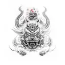 tattoo sleeve of Raijin and Fūjin, foo dog with oni  tattoo design idea