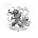 tattoo sleeve of Raijin and Fūjin, foo dog with oni  tattoo design idea