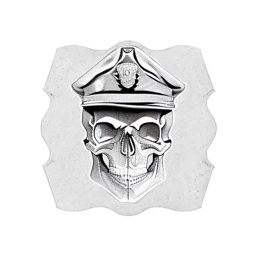 A skull wearing a detention officer hat, surrounded by playing cards and dice, symbolizing the risks and uncertainties of gambling tattoo design idea
