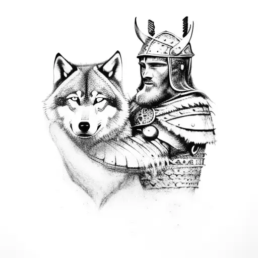 Viking warrior embracing a wolf as they stand on a mountaintop overlooking a vast wilderness tattoo design idea