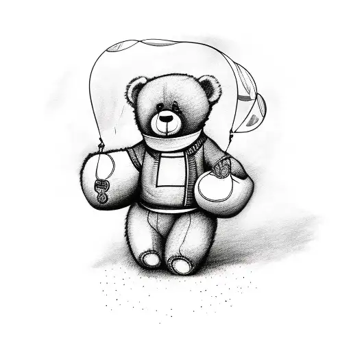 Teddy bear holding red ballon with name " Theodore " in cursive in the ballon's string  tattoo design idea
