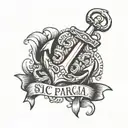  "Create a black and white forearm tattoo design featuring a Serbian naval anchor and the phrase 'sic parvis magna'. The tattoo design idea