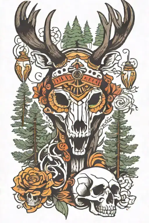 deer skull, coyote skull, bear skull, pine tree totem pole tattoo design idea