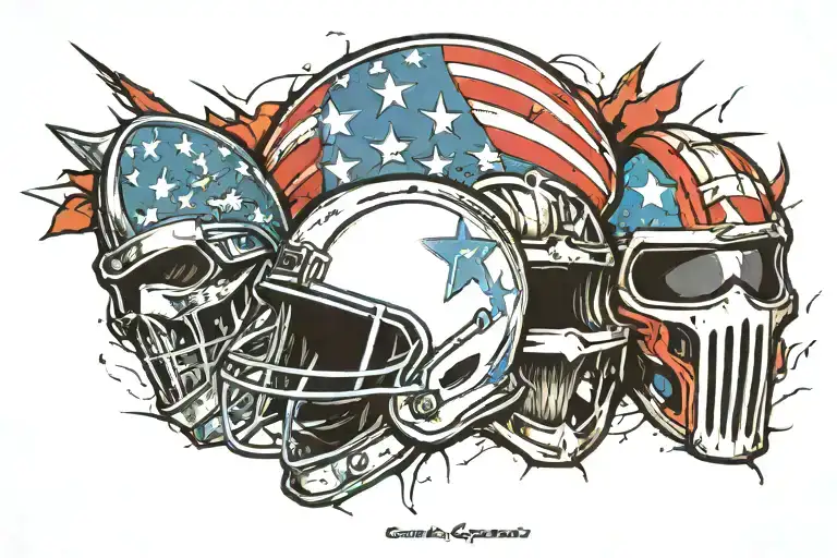 American flag ripping out of skin background with a "300" style helmet and 3 stars on the helmets forhead   tattoo design idea