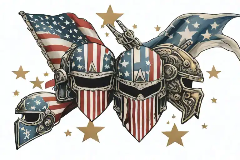 American flag ripping out of skin background with a "300" style helmet and 3 stars on the helmets forhead   tattoo design idea