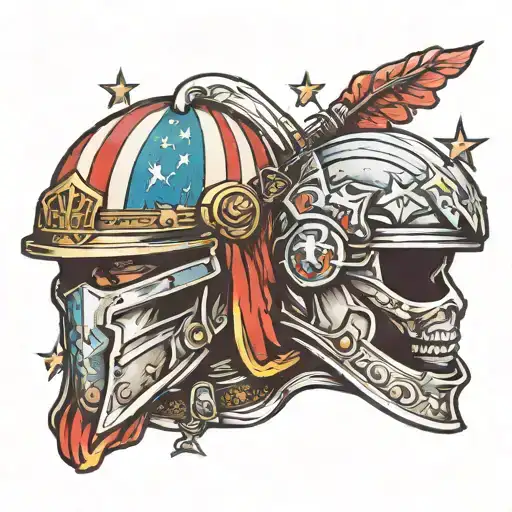 American flag ripping out of skin with a roman style helmet and 3 stars on the helmets forhead   tattoo design idea
