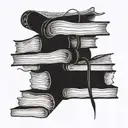 A stack of books with hidden coding symbols integrated into the pages tattoo design idea