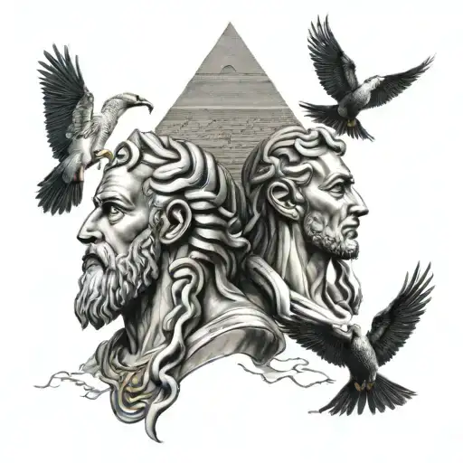 Hipocrates and medicine, zeus and alejandro magno, and the pyramids  tattoo design idea