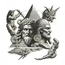 Hipocrates and medicine, zeus and alejandro magno, and the pyramids  tattoo design idea