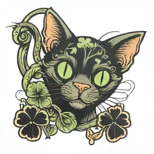 Spooky cat black four leaf clover tattoo design idea