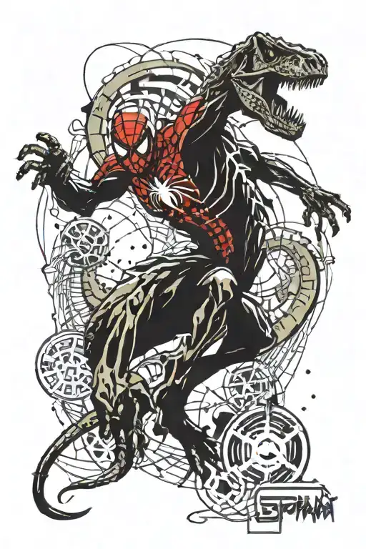 Spider-Man riding a dinosaur skeleton tattoo design idea