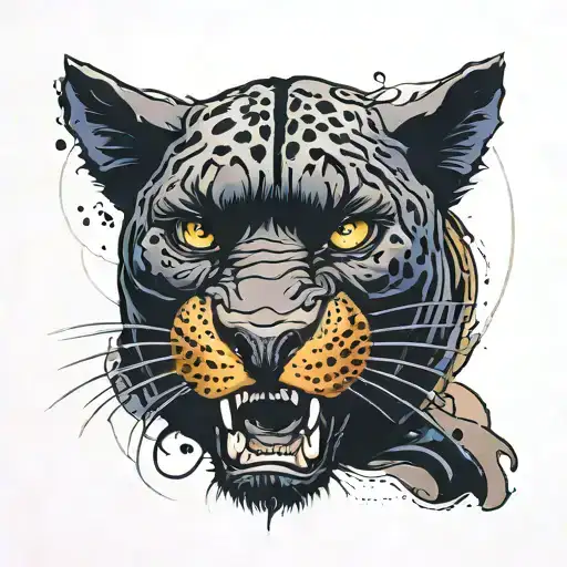 fierce black panter face split in 2 with a portion showing pain caused by trigeminal neuralgia tattoo design idea