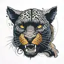 fierce black panter face split in 2 with a portion showing pain caused by trigeminal neuralgia tattoo design idea