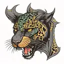 fierce black panter face split in 2 with a portion showing pain caused by trigeminal neuralgia tattoo design idea