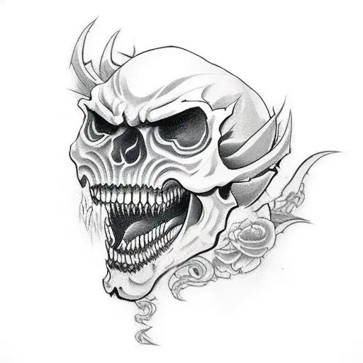 an angry demon skull with sharp teeth tattoo design idea