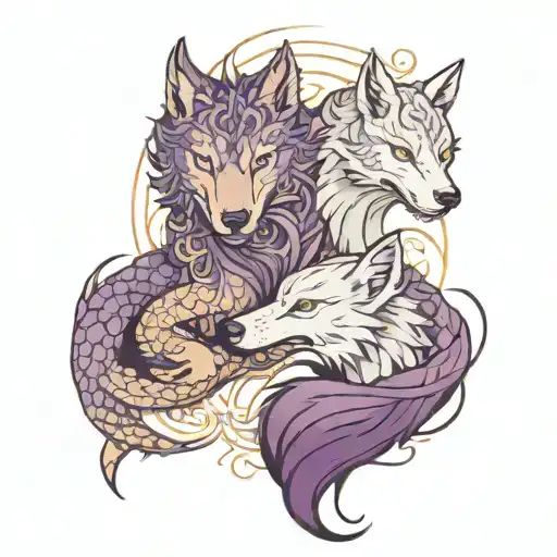 one wolf male and one dragon female embracing with a celiac not in black and purple color tattoo design idea