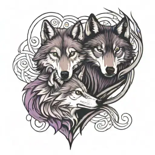 one male wolf and one female wolf embracing with a celiac knot in the background in black and purple color tattoo design idea