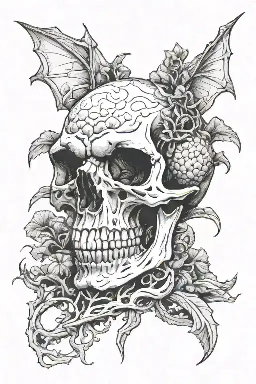 fantasy dragon skull mushroom growing  out of head tattoo design idea