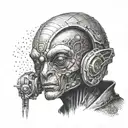 Create a dotwork portrait of Ivan from Alien Stage with a cosmic background tattoo design idea