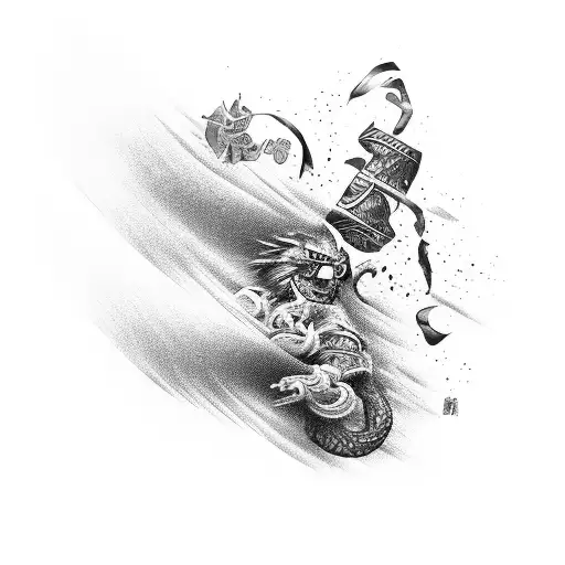 A surrealistic scene of a katana slicing through the letters 拓海 tattoo design idea
