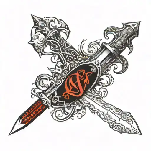 bloody dagger with leather handle engraved with the inscription CVIII around the dagger a crown of iron thorns tattoo design idea
