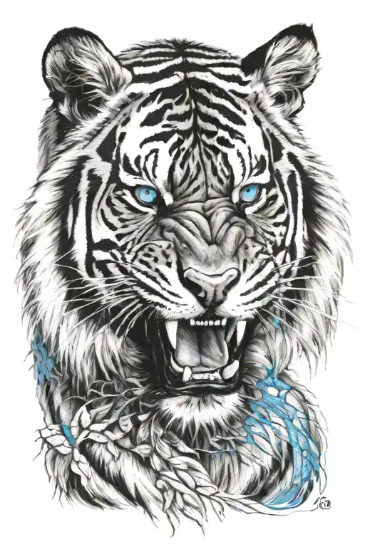 angry tiger with blue eyes tattoo design idea