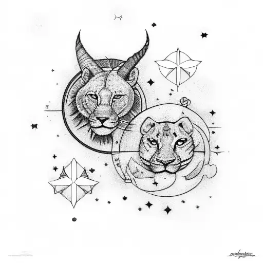 Leo and Aquarius, surrounded by small stars and the names Luca and Laura in one of the stars tattoo design idea