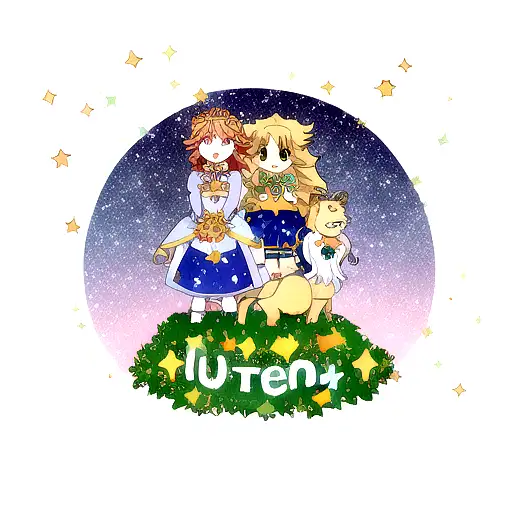 Lion and Aquarius, surrounded by small stars and the names Luca and Laura in one of the stars & the names luca & Laurau tattoo design idea