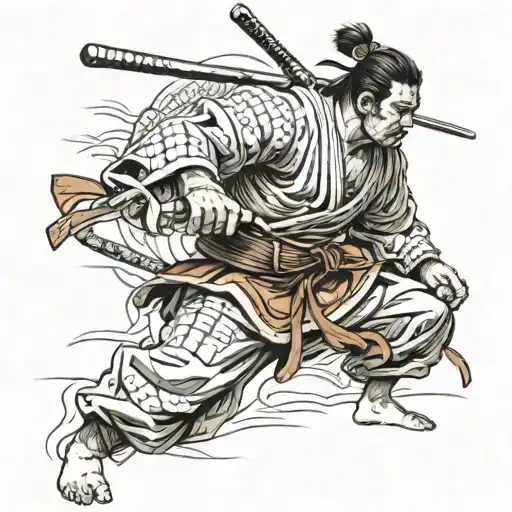 Incorporate a samurai warrior practicing Brazilian jiu-jitsu in a traditional Japanese setting tattoo design idea