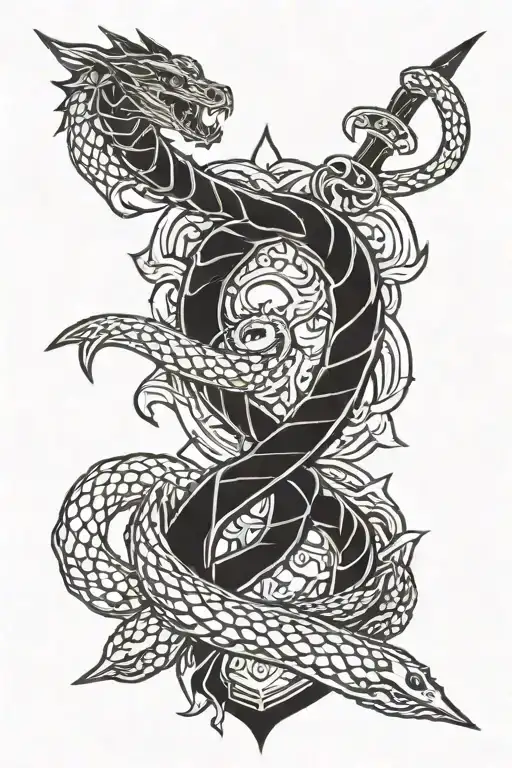 dagger with dragon and snake tattoo design idea