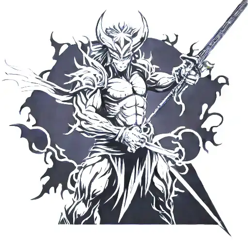 A demonic anime character wielding a powerful sword tattoo design idea