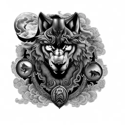 background of dense clouds, masculine, dragons, lions, horses tattoo design idea
