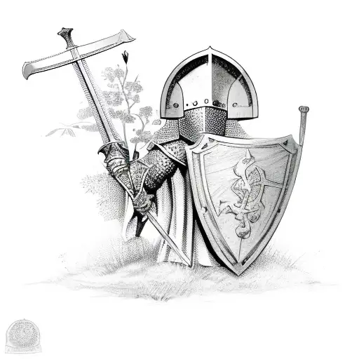 medieval knight holding a sword and shield surrounded by roses  tattoo design idea