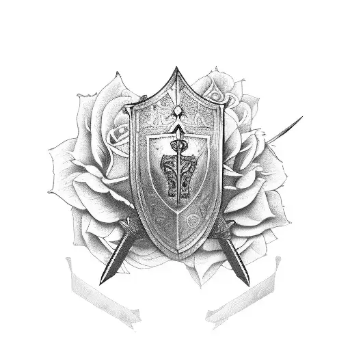 medieval knight holding a sword and shield surrounded by roses  tattoo design idea
