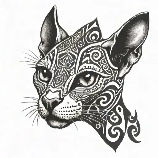 A sphinx cat with intricate tribal patterns intertwined in its fur, surrounded by symbols of metal music tattoo design idea