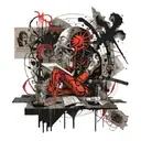 A poet writing in a dimly lit room, surrounded by drawings of scary creatures and symbols of darkness tattoo design idea
