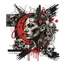 A poet writing in a dimly lit room, surrounded by drawings of scary creatures and symbols of darkness tattoo design idea