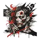 A poet writing in a dimly lit room, surrounded by drawings of scary creatures and symbols of darkness tattoo design idea