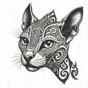A sphinx cat with intricate tribal patterns intertwined in its fur, surrounded by symbols of metal music tattoo design idea