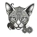 A sphinx cat with intricate tribal patterns intertwined in its fur, surrounded by symbols of metal music tattoo design idea