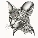 A sphinx cat with intricate tribal patterns intertwined in its fur, surrounded by symbols of metal music tattoo design idea