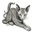 A sphinx cat with intricate tribal patterns intertwined in its fur, surrounded by symbols of metal music tattoo design idea