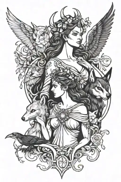 three goddesses Heceta, Artemis, and the Morrigan upper torso each with their spirit animal.  tattoo design idea