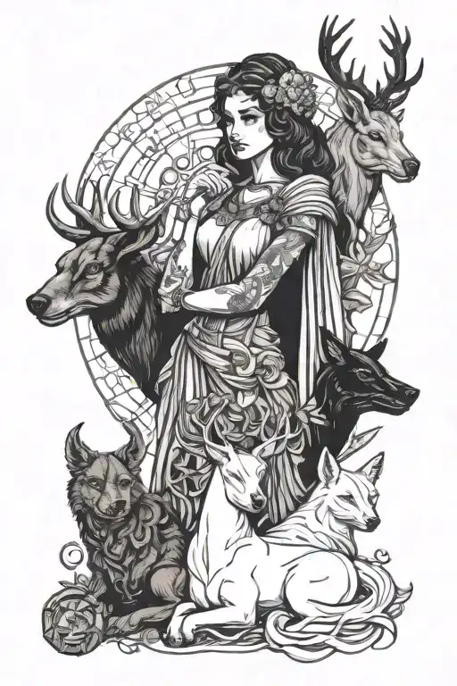 three goddesses Heceta, Artemis, and the Morgan. Artemis with a deer Hakata with a hell hound the Morgan with a Raven.  tattoo design idea