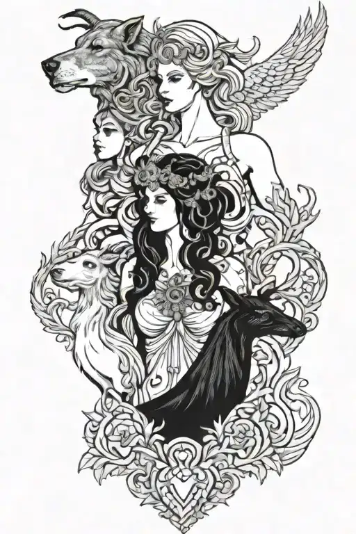 three goddesses very beautiful upper torso, one with a raven one with a deer and the oven with a scary hell hound dog tattoo design idea